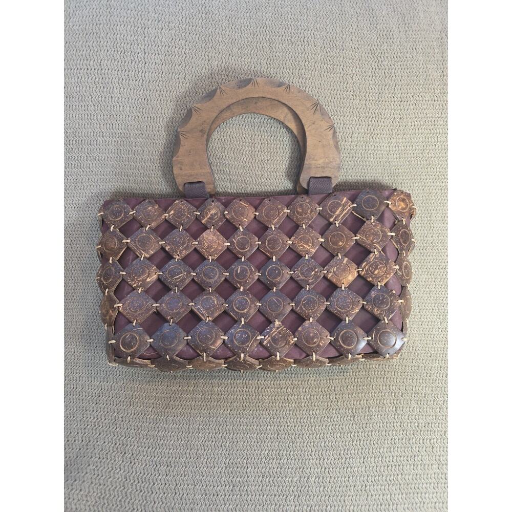 VTG Y2K Carved Coconut Shell Diamond Tiled Bead Handbag‎ Wood Handle Polynesian
